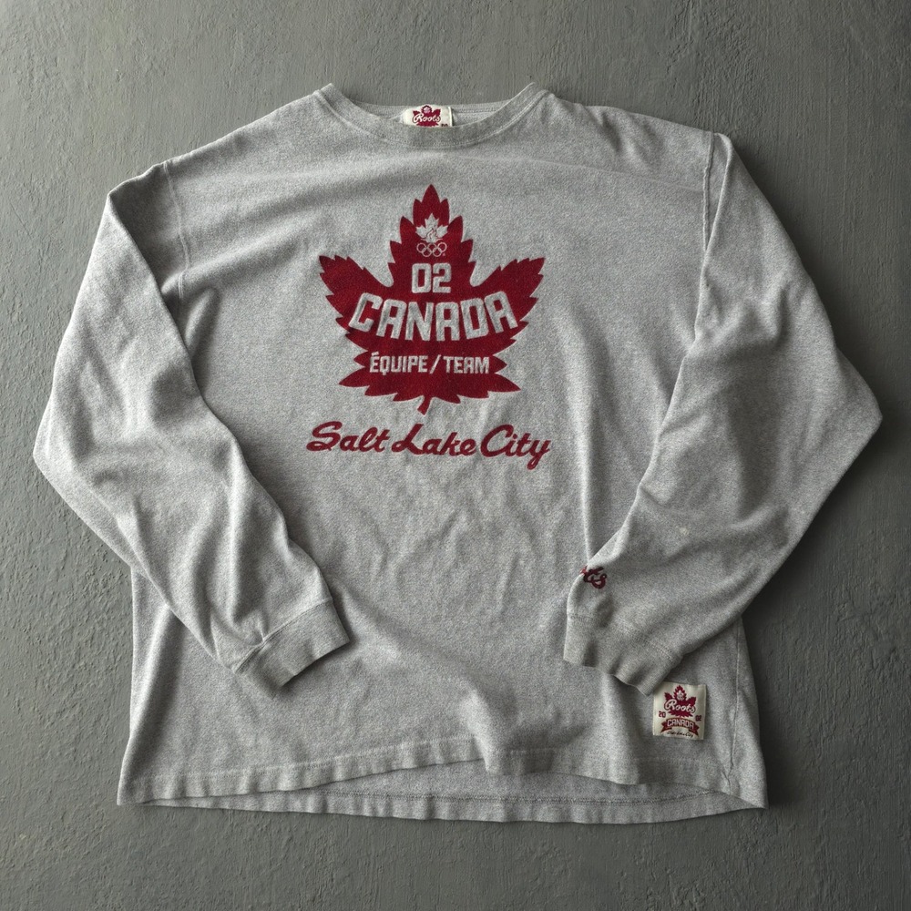 Vintage 2000s Roots Grey Long Sleeve T-shirt XL Canada Salt Lake City Olympics